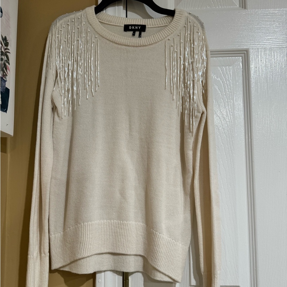DKNY NEW Women's Ivory Beaded Fringe Crewneck Sweater Top XS